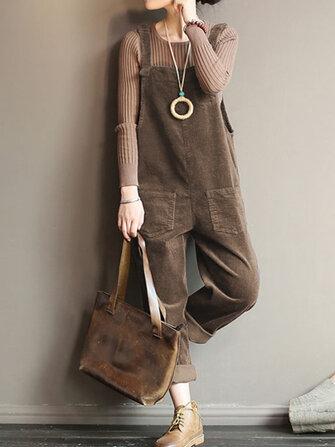 all in one place בגדי נשים Corduroy Sleeveless Elastic Straps Casual Simple Front Pockets Jumpsuit For Women