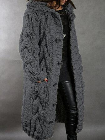 all in one place בגדי נשים Women Solid Color Jacquard Knitted Mid-Length Hooded Cardigan With Pocket