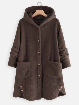 all in one place בגדי נשים Casual Button Fleece Side Button Pockets Hooded Coats For Women