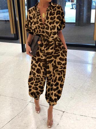 all in one place בגדי נשים Women Casual Loose Commute Pocket Leopard Print Short Sleeve Jumpsuit