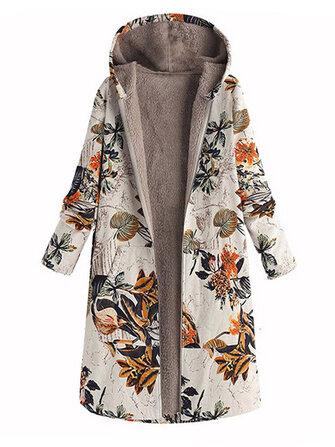 all in one place בגדי נשים Women Leaves Print Long Sleeve Hooded Fleece Maxi Coats Jacket