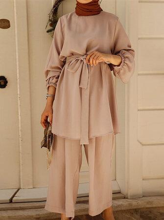 all in one place בגדי נשים Women Solid Color Wide Leg Pants Daily Casual Loose Two-Piece Set With Belt