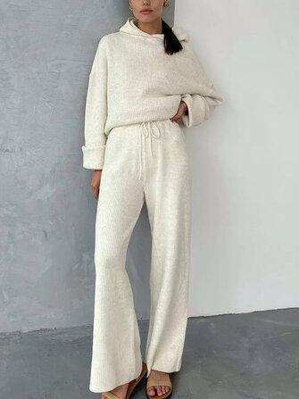 all in one place בגדי נשים Women Solid Rib-Knit Hoodie Drawstring Wide Leg Pants Casual Long Two-Piece Set
