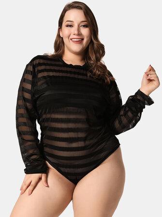 all in one place בגדי נשים Plus Size Women Stripe Perspective Crew Neck Long Sleeve Hot Bodysuit