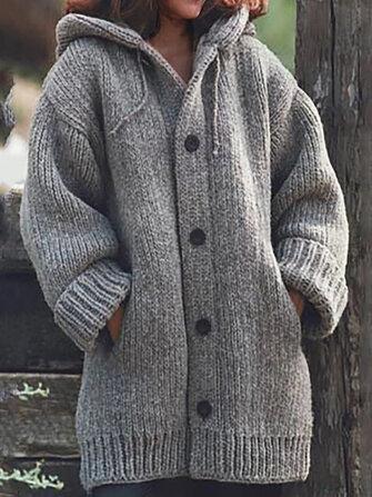 all in one place בגדי נשים Solid Color Hooded Button Thicken Knit Coats with Pockets