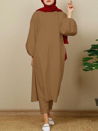all in one place בגדי נשים Women Abaya KaftanCasual Solid Sun Proof Outer Wear Split Side Top and Pants Suits