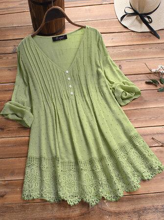 all in one place בגדי נשים Jacquard Pleated Lace Hollow Out V-neck Plus Size Blouse