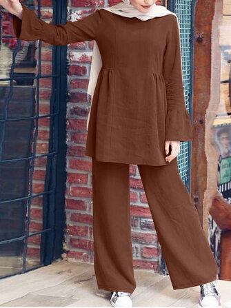 all in one place בגדי נשים Women Solid Color Ruffle Hem Long Sleeve Top Loose Pants Casual Two-Piece Sets