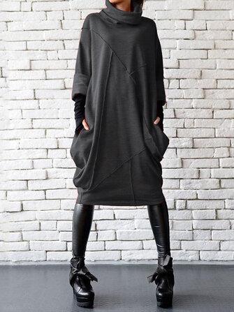 all in one place בגדי נשים Women Solid color Turtleneck Neck Patchwork Casual Dress