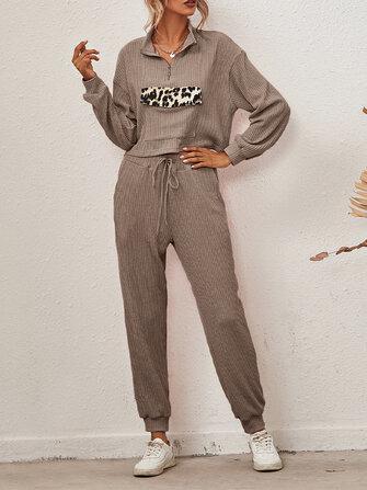 all in one place בגדי נשים Leopard Print Patchwork Zipper Drawstring Casual Jogging Two Piece Sets For Women