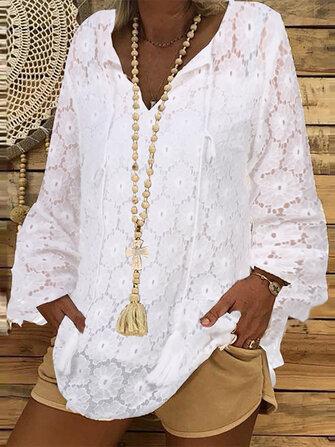 all in one place בגדי נשים Plus Size Solid Color Lace Crochet Casual Blouse For Women