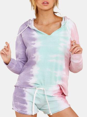all in one place בגדי נשים Women Design Tie Dye Hooded Long Sleeve Drawstring Simple Home Pajama Set
