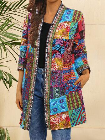 all in one place בגדי נשים Women Tribal Print Coloblock Mid-Length Ethnic Style Open Front Jacket With Pocket