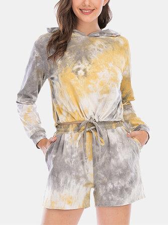 all in one place בגדי נשים Women Tie Dye Hooded Long Sleeve Home Casual Two-Piece Set