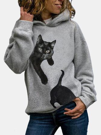 all in one place בגדי נשים Women Cute Black Cat Print Daily Casual Pullover Hoodie