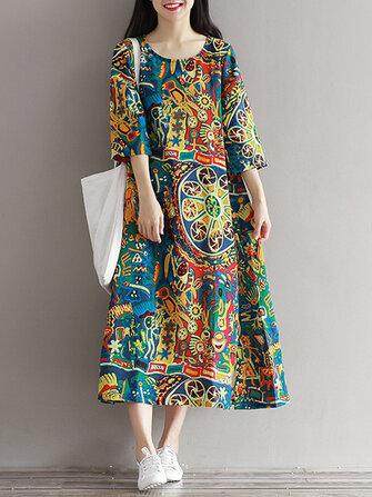 all in one place בגדי נשים Women Floral Printed Loose 3/4 Sleeves O-Neck Dress