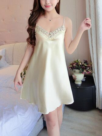 all in one place בגדי נשים Lace Patchwork V-neck Sling Silky Nightdress