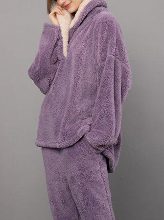 all in one place בגדי נשים Women Fluffy Plush Thicken Lapel High Low Hem Loungewear Warm Pajamas Set