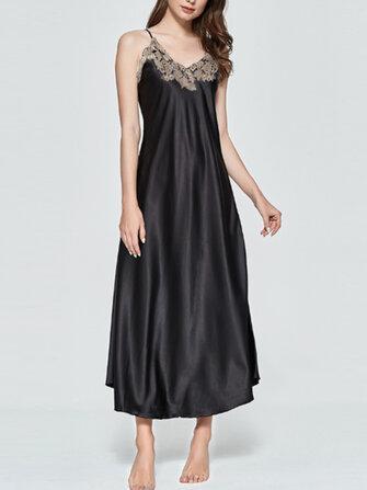 all in one place בגדי נשים Women's V-Neck Sleeveless Solid Casual Lace Satin Nightgowns Robe Dress