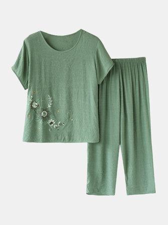 all in one place בגדי נשים Women Vintage Flower Print Loungewear Short Sleeve Breathable Pajamas