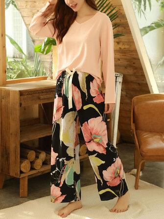 all in one place בגדי נשים Women Floral Printing V-Neck Bow Long Pajamas Sets Cozy Loungewear