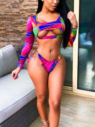 all in one place בגדי נשים Women Colorful Print Cut Out Long Sleeve Crop Skinny Bikinis Swimsuit