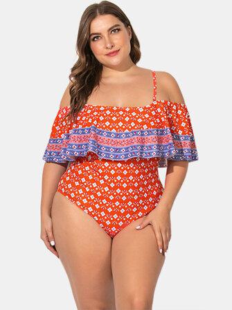all in one place בגדי נשים Plus Size Sling Ruffled Trim Printed Swimwear Off Shoulder One-Pieces