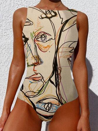 all in one place בגדי נשים Graffiti Abstract Print Round Neck One Piece Sleevless Slimming Swimsuit For Women