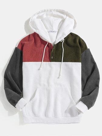all in one place בגדי גברים Mens Corduroy Patchwork Half Button Pouch Pocket Drawstring Hoodies