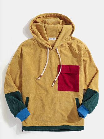 all in one place בגדי גברים Mens Corduroy Vintage Patchwork Drawstring Hoodies With Flap Pocket