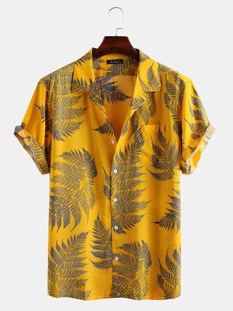 all in one place בגדי גברים Pine Leaves Print Cotton Short Sleeve Relaxed Shirts