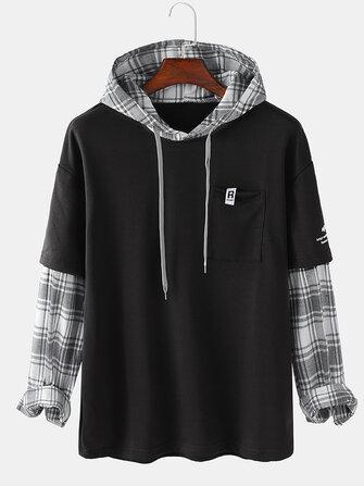 all in one place בגדי גברים Mens Patchwork Plaid Contrast Faux Twinset Casual Drawstring Hoodies With Pocket