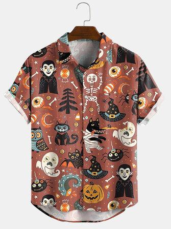 all in one place בגדי גברים Halloween Cartoon Funny Print Turn Down Collar Short Sleeve Shirts