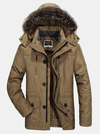 all in one place בגדי גברים Mens Fleece Lined Multi Pocket Faux Fur Collar Detachable Hooded Coat