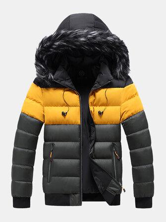 all in one place בגדי גברים Mens Color Block Patchwork Thick Faux Fur Hooded Puffer Jacket With Pocket