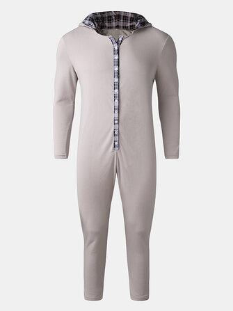 all in one place בגדי גברים Mens Splicing Plaid Cute Hooded Button Up Front One Piece Jumpsuits Home Sleepwear