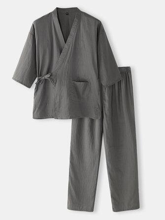all in one place בגדי גברים Cotton Mens Solid Color Japanese Style Kimono Bathrobes Home Pajama Set
