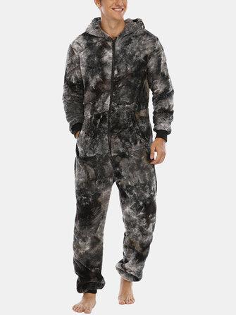 all in one place בגדי גברים Mens Tie Dye Warm Fleece Plush Hooded Jumpsuit One Piece Home Sleepwear