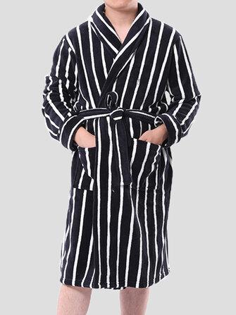 all in one place בגדי גברים Mens Basic Striped Print Flannel Winter Thick Mid-Length Home Lounge Robes