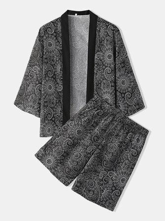 all in one place בגדי גברים Mens Ethnic Style Print Kimono Tops Knee Length Shorts Casual Pajama Set