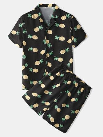 all in one place בגדי גברים Men Funny Cartoon Pineapple Print Black Pajama Set Summer Home Sleepwear