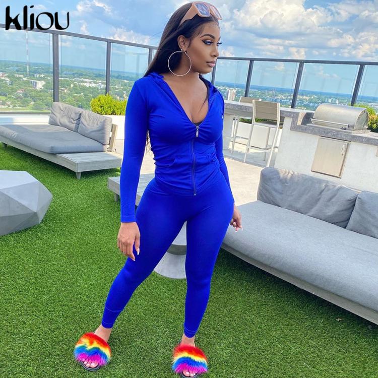 all in one place בגדי נשים Kliou autumn two piece set women long sleeve hooded zipper pocket sporty Jackets+leggings matching sets workout stretchy outfits