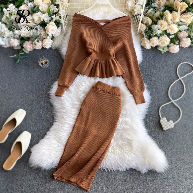 all in one place בגדי נשים SINGRAIN Autumn Women Shiny Knitting Skirts Sets Lurex Ruffles Long Sleeves Wool Warm Sweater knitted Two Pieces Set Women