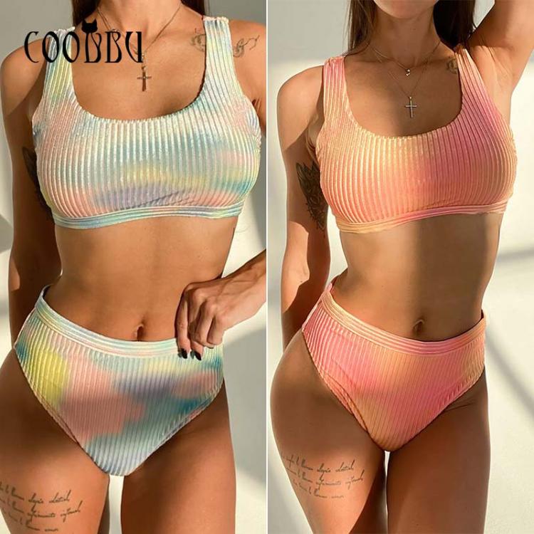 all in one place בגדי נשים COOBBU Tie Dye Bikinis 2021 High Waist Swimsuit Women Push Up Swimwear Ribbed Bathing Suit Sexy Shiny Bikini Sets