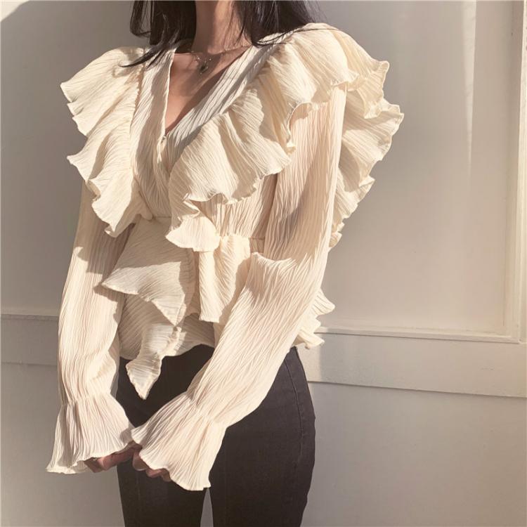 all in one place בגדי נשים Alien Kitty Korean Chic Gentle Slim Women V-Neck 2021 Pleated Shirts Ruffles Patchwork High Waist Fashion Flare Sleeves Blouses