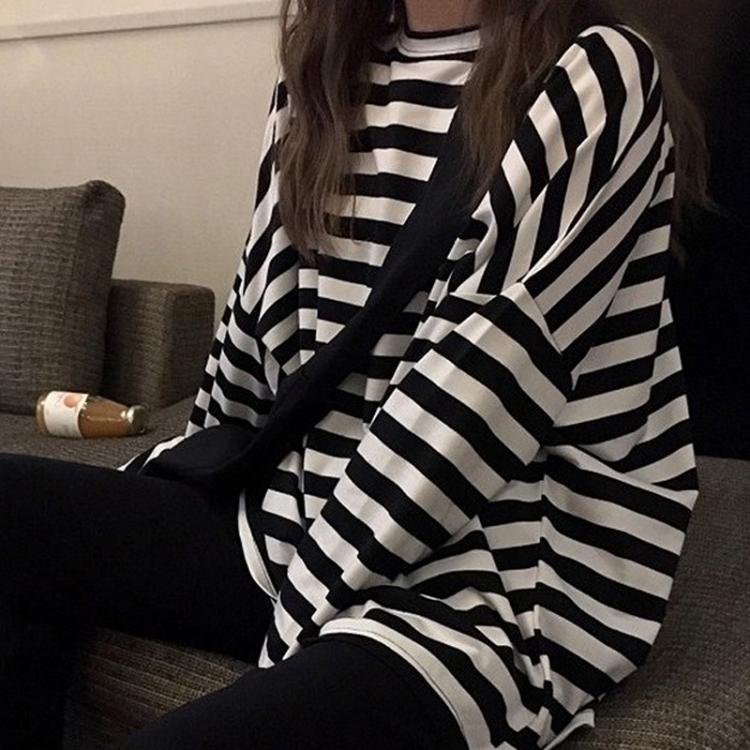 all in one place בגדי נשים oversized t shirt spring Autumn Women harajuku Striped T-shirt Korean Casual full Sleeve O-Neck T-Shirts ulzzang Femme black Top