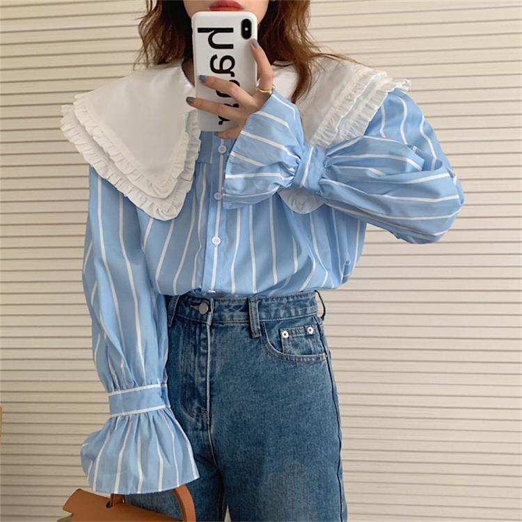 all in one place בגדי נשים Alien Kitty Sweet Blue Stripes Peter Pan Collar Women Shirt Flare Sleeve Casual Office Lady Loose Chic Fashion Autu