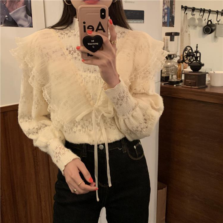 all in one place בגדי נשים Alien Kitty 2021 Apricot Ruffles Streetwear All Match Stylish Lace Patchwork New Chic French Retro Gentle Blouses Tops Shirts