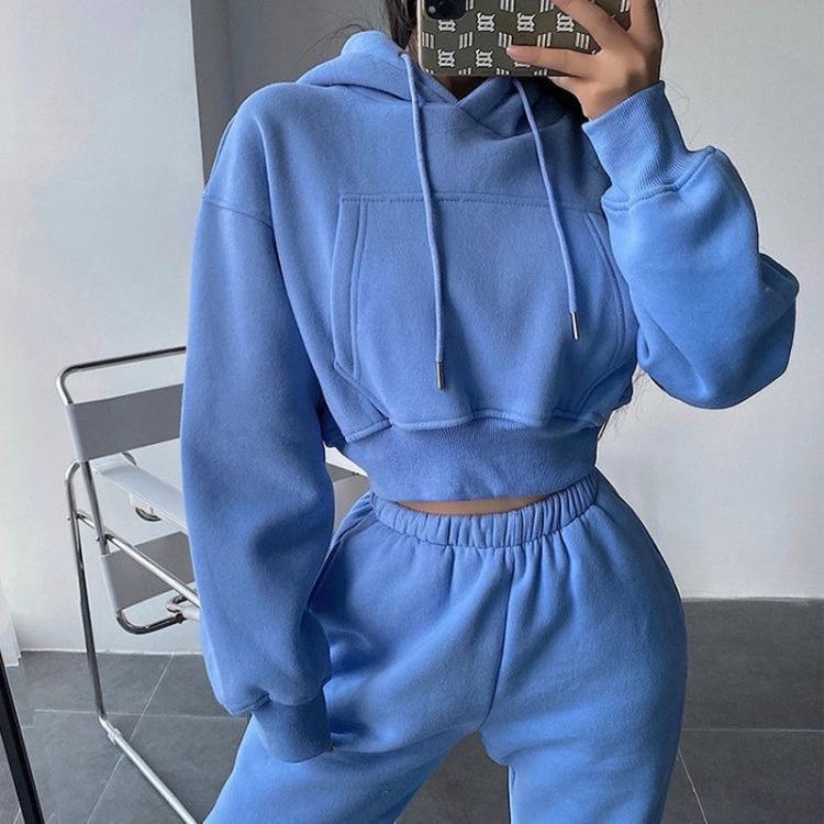 all in one place בגדי נשים Hoodies Two Piece Set Women Long Sleeve Solid Casual Pocket Pullover Suit Autumn 2021 Elastic Sports Pants Female Tracksuit Set