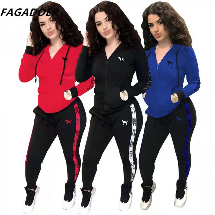 all in one place בגדי נשים FAGADOER New PINK Outfits Women Sweatsuits Letter Embroidery Zip Hoody Coat+Pants Casual 2 Piece Set Women Tracksuits Sportwear